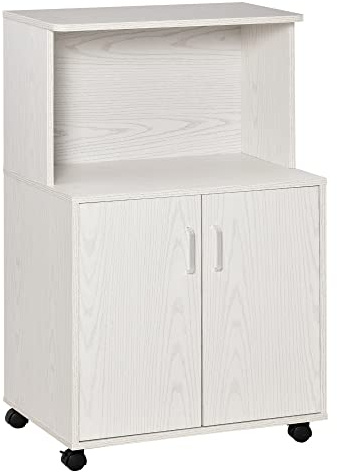 HOMCOM Mobile Cucina Multiuso con Ruote, Armadietto e Ripiano per Microonde, Credenza Alta in Legno Truciolare, 60.4x40.3x97cm Bianco