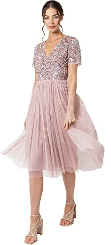 Maya Deluxe Embellished Midi Evening Dress for Women Ladies V Neckline with Short Sleeve for Prom Wedding Frosted Pink Size 10
