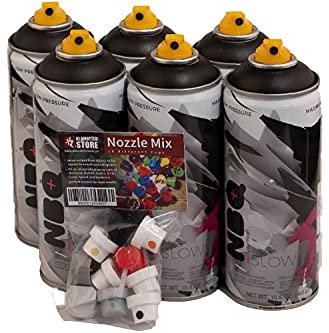 KLAMOTTEN STORE Bombolette spray NBQ nero opaco 6 x 400 ml con sacchetto spray – Graffiti vernice spray professionale per hobby fai da te – ad asciugatura rapida – altamente coprente con morbida molla