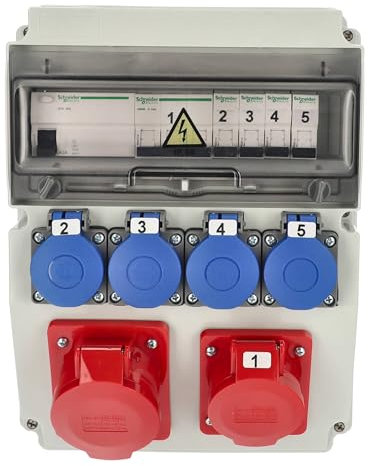 EDO Coffret Électrique de Chantier de Compatible ASTAT 446 Standard Plus IP65 Distributeur de Courant Électrique avec Disjoncteur 32A/5P, 16A/5P, 4x200/250V IP44 Répartiteur Extérieur