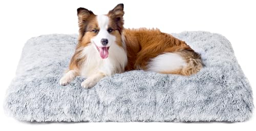 EHEYCIGA Flauschig Hundebett Mittelgroße Hunde, Hundekissen Grosse Hunde Waschbar, Kuschelig rutschfest Hundematte mit Langem Plüsch, Grau, 90x60cm