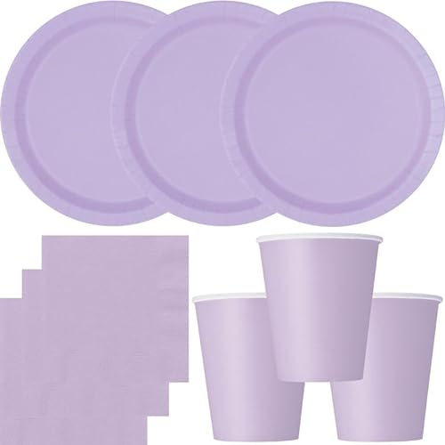 Set di stoviglie usa e getta per 14 persone, piatti, bicchieri, tovaglioli, matrimoni, compleanni, lilla