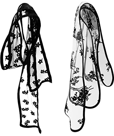 LumiSyne 2 Stück Spitzenschal Skinny Schal Damen Transparenter Tüll Mit Blumen Polka Dot Stickerei Bowknot Haargummis Multifunktionales Schmales Halstuch Kopfschmuck Haarband Griff Ribbon Band Knoten