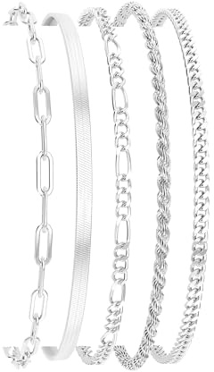 DEARMAY Silver Plated Bracelets for Women Dainty Silver Jewelry Sets for Trendy Stackable Paperclip Rope Snake Box Figaro Chain Bracelets Pack Costume Fashion Gifts for Womens
