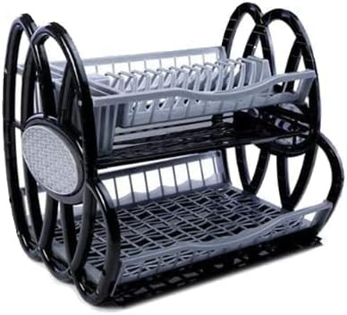 Best House Double Plastic Dish Rack, 2 Tier Double Dish Drainer Rack Large Plate Cutlery Cup Holder Plastic Trays - Pack of 1 (Black)