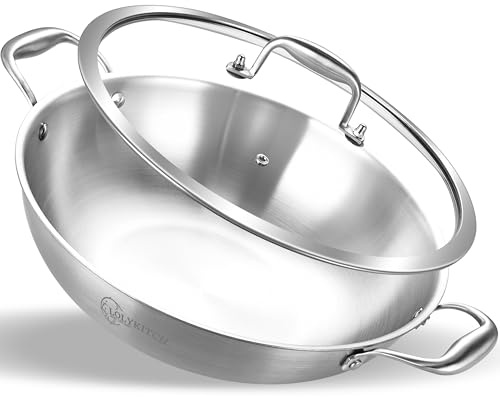 LOLYKITCH 13 Inch Tri-Ply Stainless Steel Wok Pan with Lid,5.5 Qt Induction Cooking Pot,Dishwasher and Oven Safe