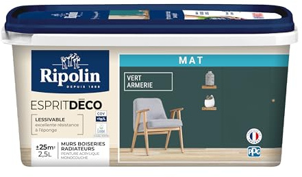 RIPOLIN - Peinture Intérieure Multi-Supports – Murs, Boiseries & Radiateurs – Ultra Couvrante – Lessivable – Application Facile – Ecolabel - Aspect Mat - 2,5L - Vert Armerie
