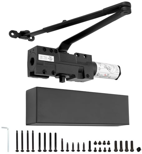 IRONWALLS Heavy Duty Commercial Door Closer Outdoor Indoor, Hydraulic Automatic Door Closer with Adjustable Spring Size 1-6, Delayed Action, Back-Check, Surface-Mounted Door Closing Mechanism, Black