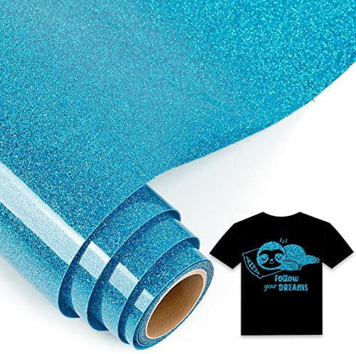 IModeur Glitter Blue Iron on Vinyl — 30.5 x 153 cm Heat Transfer Vinyl for Fabric, PET Backing HTV Roll for T-Shirts, Clothes, Hats, Bags and Other Textiles, Easy to Weed