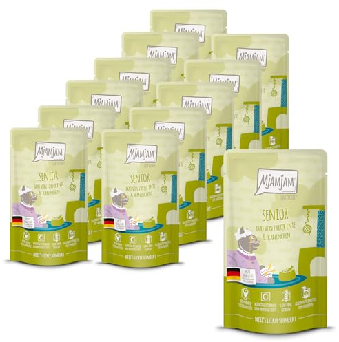 MjAMjAM - Premium Nourriture Humide pour Chats - Quetschieschie - Senior - Duo de Canard Tendre & Lapin, Paquet de 12 (12x125g), sans céréales