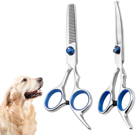 2 pcs Dog Scissors Set, 1Pcs Blue Curved Grooming Scissors with Safety Round Tip and 1 pcs Professional Thinning Shears, for Cats, Pet ect