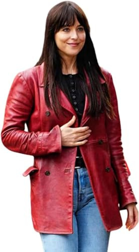 Leather Verse Madame Web Dakota Johnson Veste blazer en cuir rouge à double boutonnage pour femme, Rouge, XS
