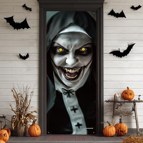 JOYIN Calcomanía 3D de Halloween para puerta de monja, 203 x 71 cm, papel tapiz de decoración de fantasma aterrador para decoraciones de Halloween, suministros de fiesta de terror en el hogar