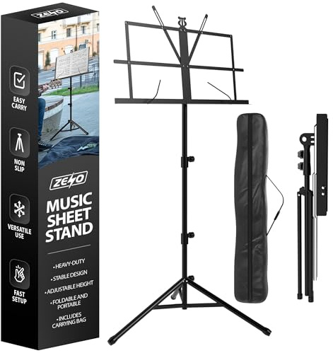ZENO Music Stand | Music Stands for Sheet Music, Books, Notes | Music Sheet Stand with Music Sheet Clip Holder, Foldable Design & FREE Carry Bag | Heavy Duty Stand | Easy To Carry | Unfolds In Seconds