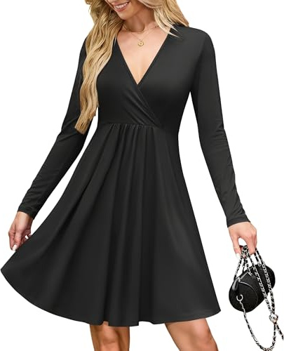 AUSELILY Wrap Dress for Women UK V Neck Flowy Long Sleeve Elegant Casual Dresses Autumn Winter with Pockets Black M