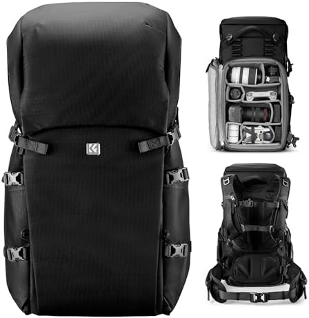 K&F Concept kameraryggsäck 30 L, professionell stor fotoryggsäck, kameraryggsäck vattentät, reseryggsäck för DSLR/stativ/hjälm, för 15 tums bärbar dator, lämplig för klättring/vandring/resor