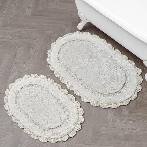 Laura Ashley Eloise 100% Cotton Oval Bath Mat 2-Piece Set with Crochet Border, Soft & Absorbent, Sandshell Beige 17 x 24/20 x 32 Bathroom Rugs