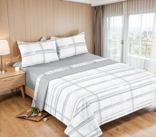 Etrexonline Conjunto de Sábanas 4 Piezas Cama 150 cm - Microfibra Ultra Suave Incluye 1 Bajera 150x200+28 cm, 1 Encimera 230x270 cm, y 2 Fundas de Almohada 50x90 cm - Color Cuadro Elegante