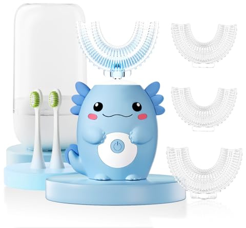 ELOTAME Kids Electric U Shaped Toothbrush - Axolotl Kids Cartoon Sonic Automatic Toothbrush with 6 Brush Heads Full Mouth 6 Cleaning Modes - Age2-15 Blue