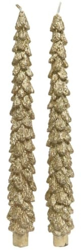 Pair of 24cm Christmas Tree Shaped Wax Dinner Candles (Gold)