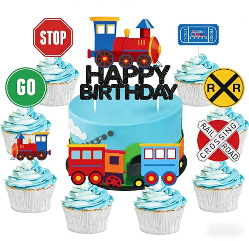 Sursurprise Decoración para tartas de cumpleaños con temática de tren, 25 piezas de decoración para tartas de feliz cumpleaños y juego de púas para cupcakes, decoración de mesa de transporte de