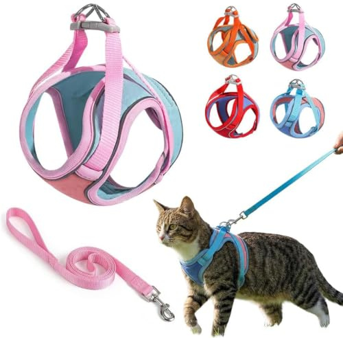 Kattsele och blyset, reflekterande justerbart kattkoppel med flyktsäker design, bekväm husdjursväst for promenader och utomhusäventyr, kattsele(Pink,L)