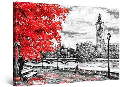 Startonight Quadro su Tela Albero Rosso e Big Ben di Londra - Quadri Moderni Astratti - Stampe Camere da Letto Stampe Incorniciate 60x90 cm, Decorazione Parete, Idea Regalo Elegante Luminoso