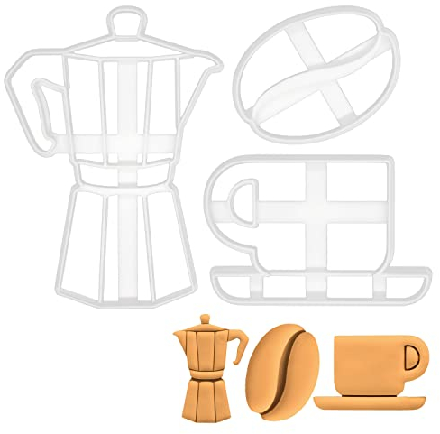 BAKERLOGY Set of 3 Coffee Themed Cookie Cutters (Designs: Coffee Cup, Coffee Bean, and Moka Pot) - Detailed Biscuit Cutter Design for Baking and Crafts, Ideal on Fondant, Dough, Clay