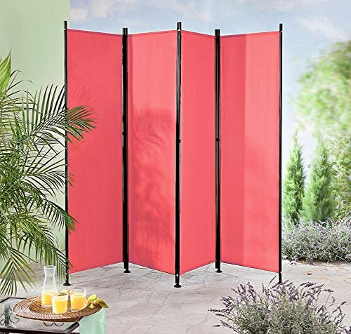 IMC Paravent 4-teilig rot Raumteiler Trennwand Sichtschutz, faltbar/flexibel verstellbar, wetterfester Polyester-Stoff, Schwarze Metallstangen