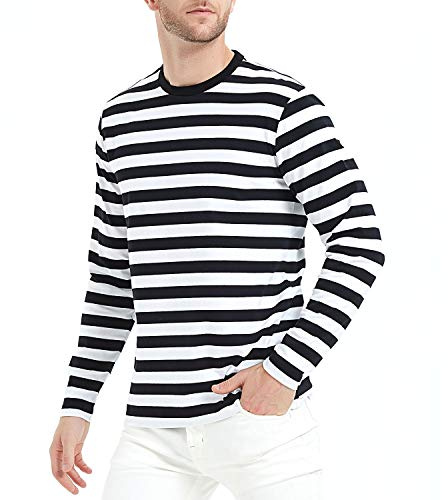 LEDING&BEST Men's T-Shirt Casual Cotton Spandex Striped Crewneck Long-Sleeve T-Shirts Basic Pullover Stripe Man tee Shirt, Multi Black/White, L