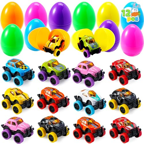JOYIN 12 Pcs Easter Eggs Filled with Pull Back Monster Cars, Easter Egg Prefilled with Trucks for Kids ​Easter Egg Hunt, Basket Stuffers Filler and Classroom Prize Supplies