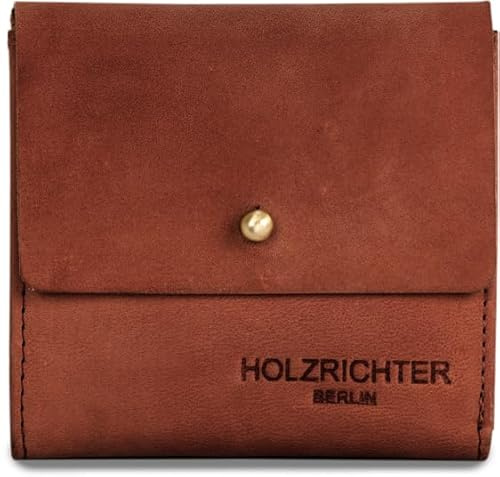 HOLZRICHTER Berlin – Kleine Damen Geldbörse aus Leder (No 4-5), Vintage, 11x10x1,5 cm, Mini Portemonnaie mit 7 Kartenfächern und Rückseitigem Münzfach, Kompakter Geldbeutel in Cognac