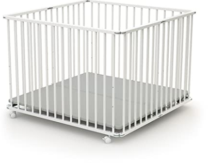 Webaby - Laufstall Baby Faltbar Holz mit Rollen und Matte 100x100 Weiß | Laufgitter Baby Klappbar XXL| 3 Stufen Höhenverstellbar | Für Kinder bis 24 Monate