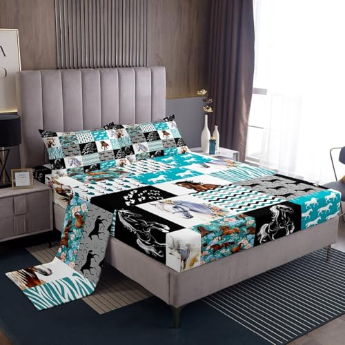 Horse Sheet Set Twin,Western Farmhouse Bed Sheets for Girls,Boho Arrow Teal Zebra Stripe Bedding Sheets for Teens Boys Women,Rose Flower Rustic Cowboy Fitted Sheet & Flat Sheet Black White 3 Pcs