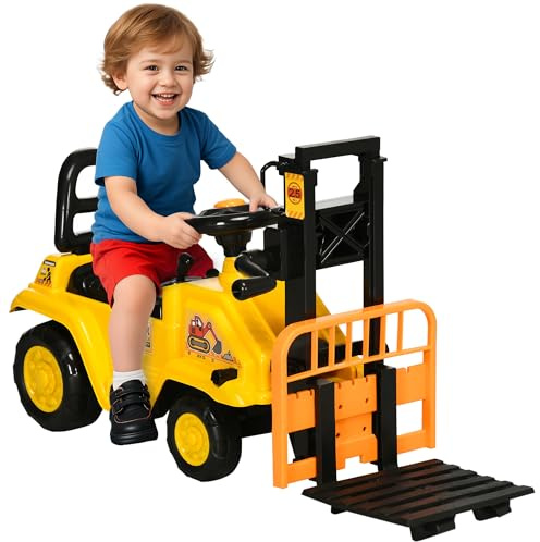 HOMCOM Trattore Cavalcabile per Bambini 3-4 Anni con Muletto, Pulsante per Suoni e Spazio Portaoggetti Nascosto, in PP e ABS, 86x27.5x47.5 cm, Giallo e Nero