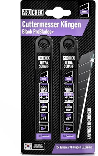 PROCREA® -NEU- 20x Premium Cuttermesser Klingen Black ProBlades+ [Extreme Standzeit & Ultrascharf] 18mm Abbrechklingen (schwarz) aus SK2 Max+ Stahl - Ersatzklingen für Cutter- & Teppichmesser