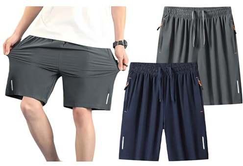 Jamron Hombre Tallas Grandes Pack de 2 Pantalones Cortos de Deporte de Running con Bolsillos con Cremallera y Banda Reflectante Gris + Azul 5XL