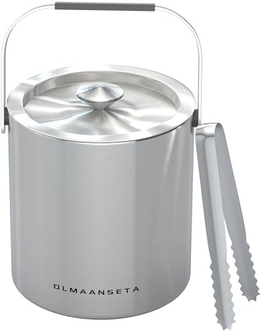 Olmaanseta Small Ice Bucket with Lid and Tongs,1.3L Portable Mini Double Walled Ice Cube Bucket for Cocktail Bar Stainless Steel Cute Insulated Ice Buckets for Parties