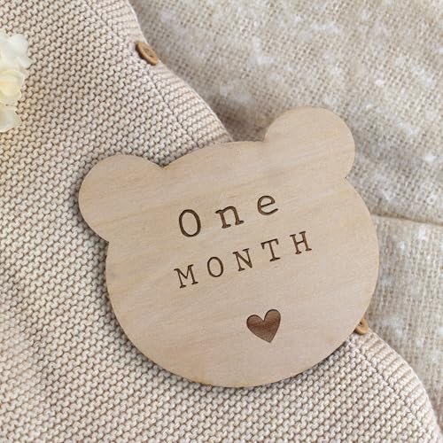 eBuyGB Lot de 12 disques en bois pour bébé en forme d'ours, accessoires photo de nouveau-né, disque de jalon d'âge mensuel, ensemble de 12 mois, cadeau pour nouveaux parents