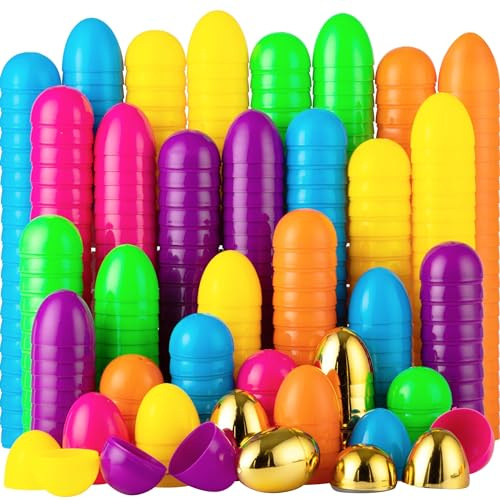 JOYIN 19 huevos de Pascua de 5,8 cm + 6 huevos dorados vacíos rellenables, huevos de plástico de colores en grandes cantidades para la búsqueda de huevos de Pascua, regalo de fiesta, material de