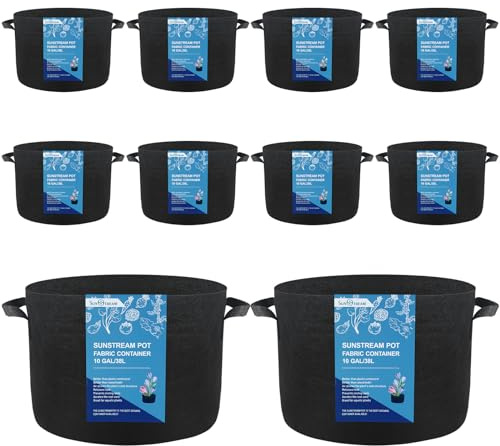 SunStream Lot de 10 Sacs à Plantes 40 L Non Tissé Sac de Culture Sac de Terreau Sacs de Plantation Grow Bag pour Plantation Jardinieres Exterieur en Balcon Terrasse