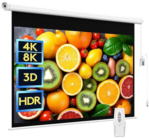 WASJOYE 100 Leinwand Beamer Elektrisch Diagonale Automatische Projektion 16:9 8K HD Filme Schirm für Heimkino Büro Videospiel Outdoor Indoor, Projector Screen W/Fernbedienung und Wand/Decke Mount