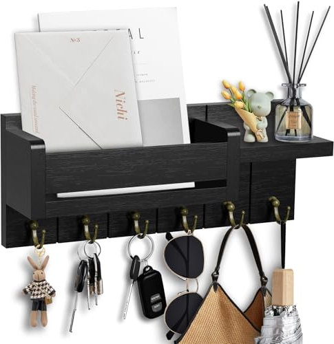 Lnopever Portachiavi da Parete con 6 Ganci,Cassetta Appendi Chiavi a Muro con Ripiano,appendi porta chiavi da muro per casa,Multifunzione Decorativo per Lngresso,Corridoio,Ufficio（Nero Oro Vintage）