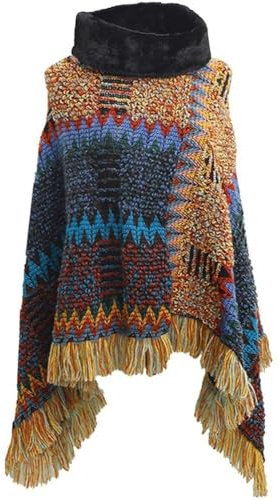 Fituenly Capes d'automne d'hiver pour Femme, Poncho avec Frange, Cape Au Crochet, Pull National, Cape Tricotée, Châle Chaud en Laine pour Femme