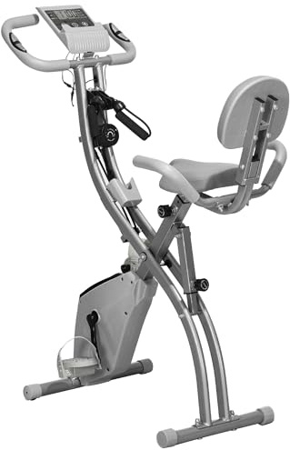 HOMCOM Cyclette Pieghevole 2 in 1, Resistenza Magnetica Regolabile 8 Livelli, Cyclette da Casa Silenziosa con Sensore Cardiaco, Sedile Regolabile, Bande Elastici, Schermo LCD, Ruote, Grigio