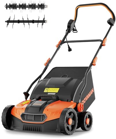 DOVAMAN DS16A - Escarificador eléctrico y escarificador, herramienta de césped 2 en 1 de 16 pulgadas con motor de 15 amperios, 5 ajustes de profundidad ajustables, ajuste de altura de 3 ángulos, mango
