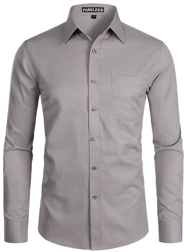 PARKLEES Camisas de vestir de manga larga para hombre, sólidas, de corte slim fit, casuales, de negocios, formales, con botones, con bolsillo, Gris Cemento, XL