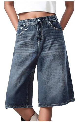 Jean 3/4 ample pour femme - Jambe large - Décontracté - Taille haute - Longueur genou - Short en jean extensible - Bermuda d'été Hip Hop pour femme, C, L
