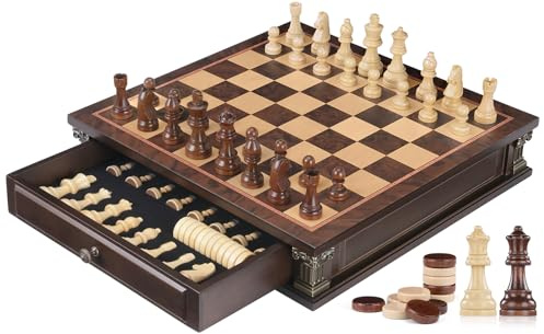 Peradix Set di scacchi magnetici a scacchi con 2 cassetti incorporati, 38,1 cm, classici giochi in legno 2 in 1 con 2 regine extra per bambini e adulti, set da viaggio portatile da gioco di scacchi