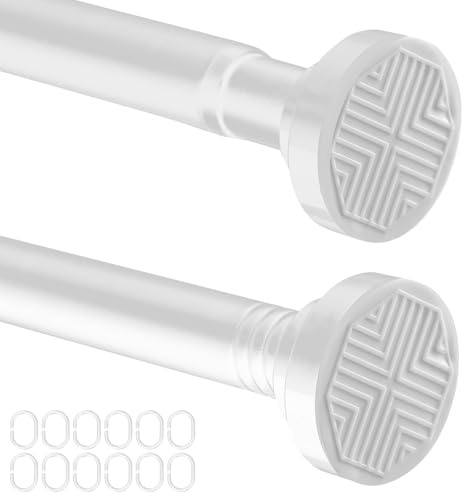Wusboo Barra Cortina Extensible sin Taladrar (72–190 cm), 1 Barra de Ducha Telescópica a Presión + 12 Ganchos en C, Antideslizante, sin Agujeros, para Baño, Ventana, Armario o Balcón（Blanco）